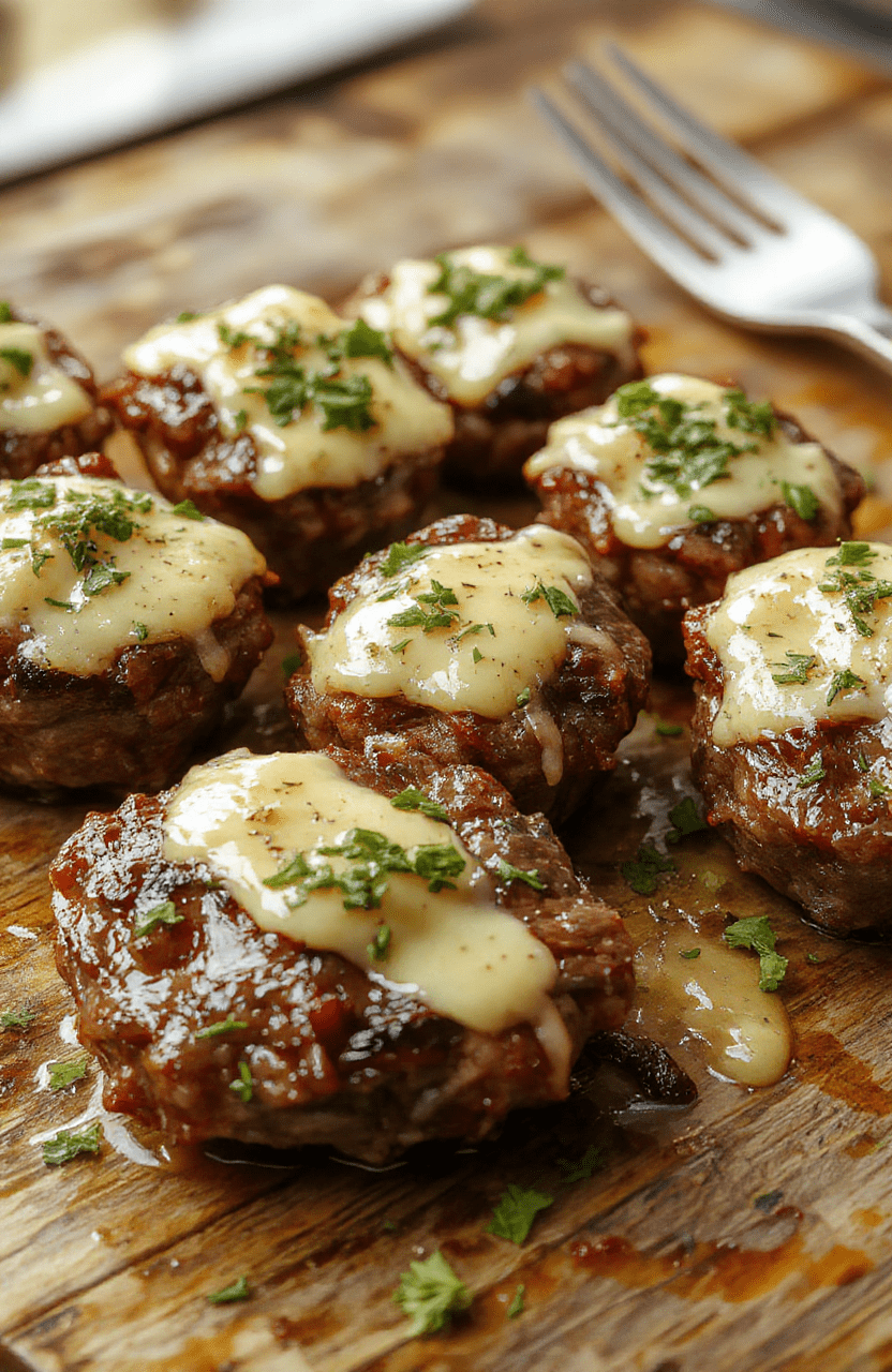 A close-up shot of golden-brown garlic butter steak bites arranged on a white plate, glistening with melted butter, garnished with fresh parsley, with a rustic wooden table background, showcasing the tender, juicy interior and crispy exterior textures.