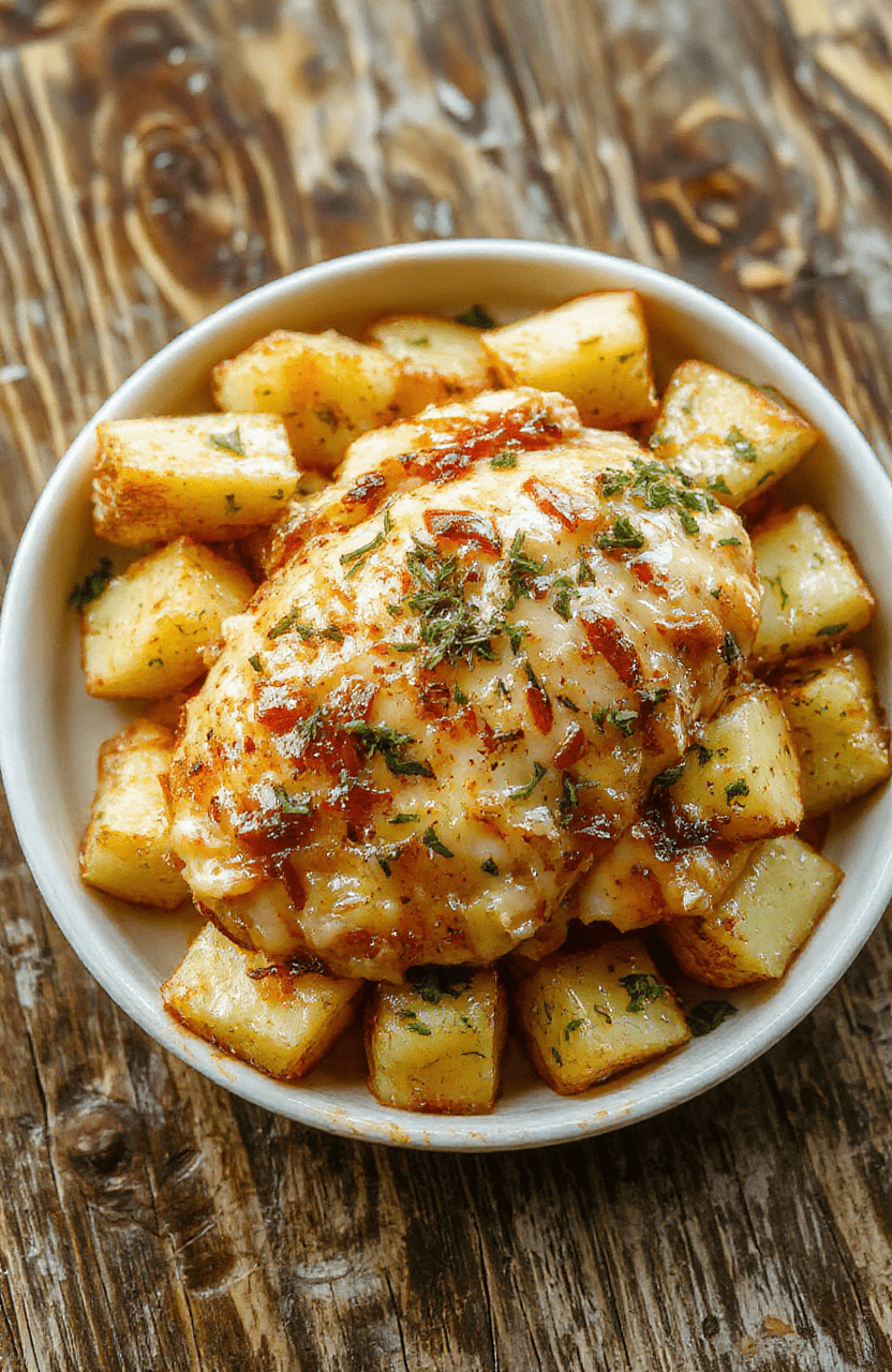 Colorful plated dish featuring tender chicken breasts smothered in creamy garlic parmesan sauce, surrounded by perfectly roasted golden potatoes, garnished with chopped parsley, styled simply on a rustic wooden table.