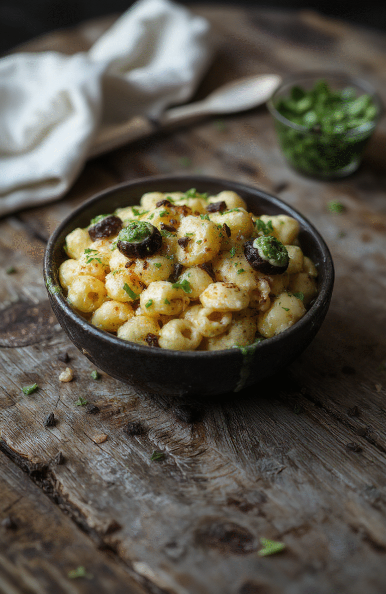 A vibrant bowl of monster mac and cheese featuring colorful, gooey cheese sauce with black and green food coloring, shaped pasta with edible monster eyes and tentacles, presented on a rustic wooden surface with autumnal decorations in the background.