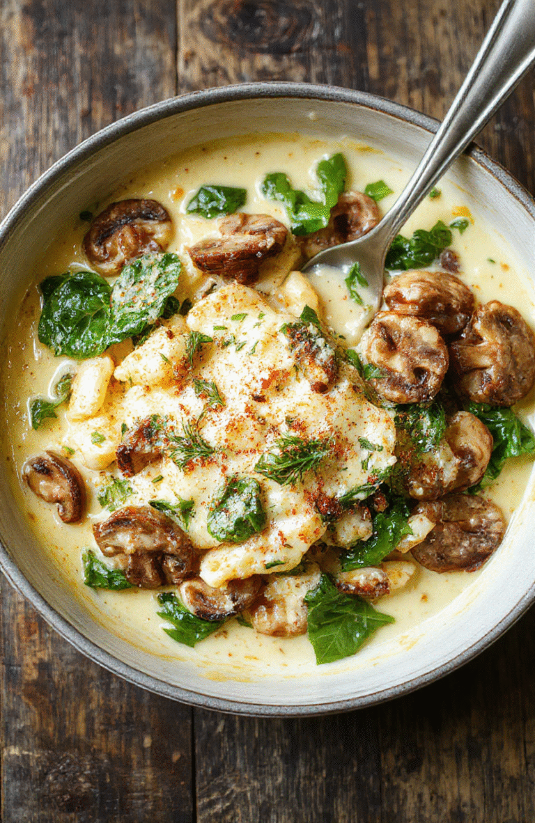 A vibrant skillet of creamy parmesan pasta topped with fresh spinach and sautéed mushrooms, beautifully plated with a sprinkle of cheese and herbs, showcasing rich textures and fresh ingredients.