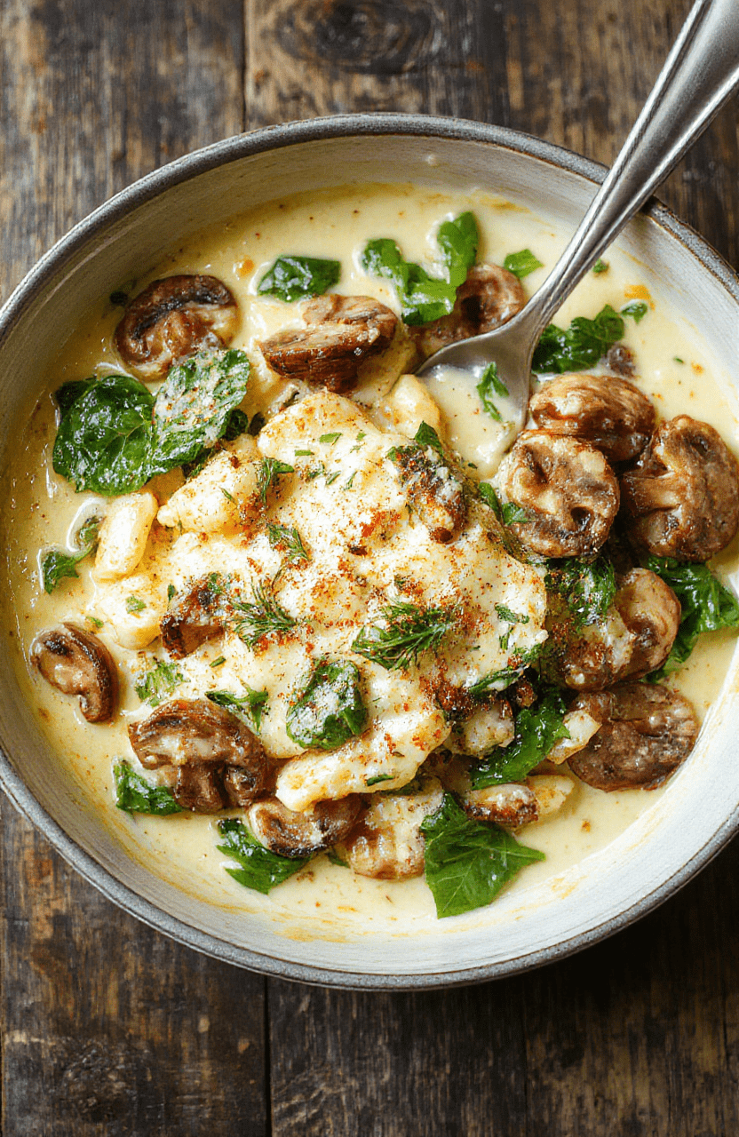 A vibrant skillet of creamy parmesan pasta topped with fresh spinach and sautéed mushrooms, beautifully plated with a sprinkle of cheese and herbs, showcasing rich textures and fresh ingredients.