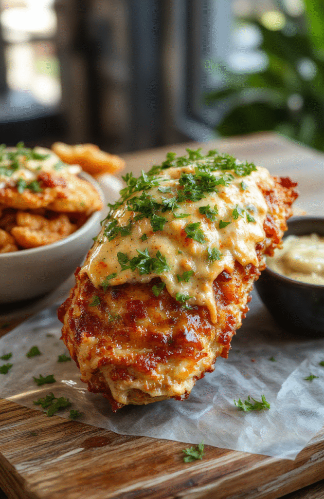 A vibrant plate featuring slices of juicy grilled chicken topped with melted cheese, crispy bacon bits, and fresh green herbs, served alongside colorful roasted vegetables on a white ceramic plate with a rustic wooden background.