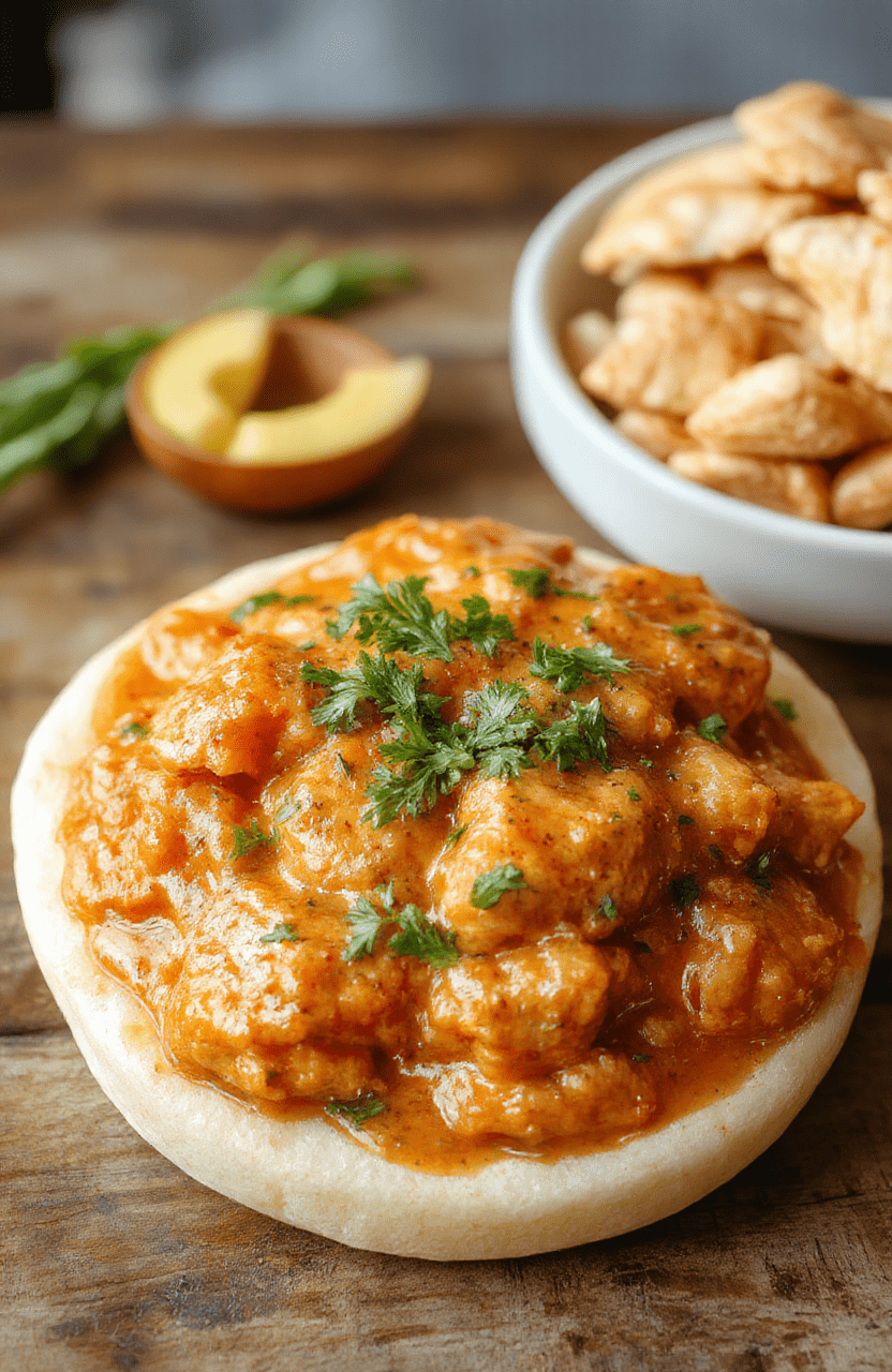 A vibrant plate of homemade butter chicken featuring tender pieces of chicken coated in a glossy, rich tomato-based sauce topped with fresh cilantro, served alongside steaming basmati rice on a rustic wooden table, with colorful background accents.