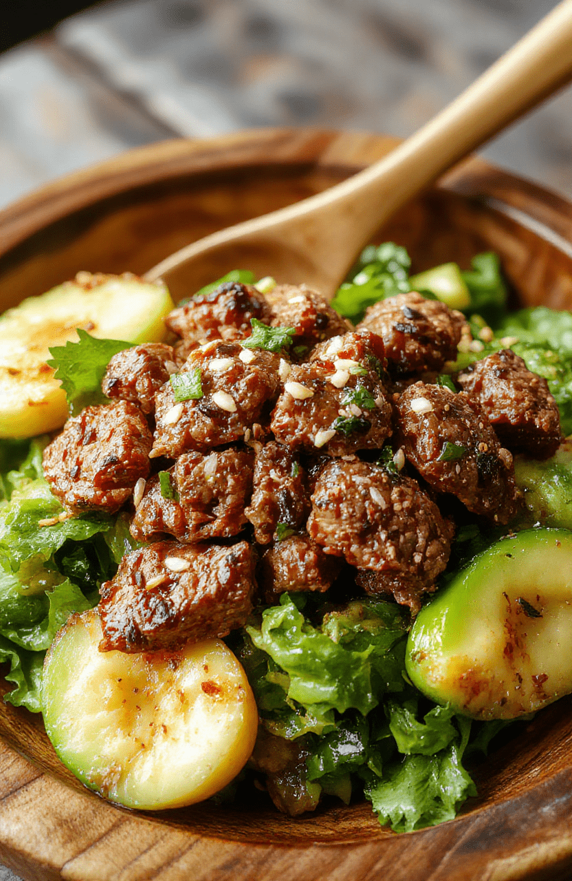 A vibrant Korean ground beef bowl featuring seasoned minced beef, garnished with sliced green onions, sesame seeds, and shredded carrots, served over white rice on a rustic wooden plate, with a side of sliced cucumbers and a drizzle of spicy sauce, styled casually with natural lighting highlighting the textures and colorful ingredients.