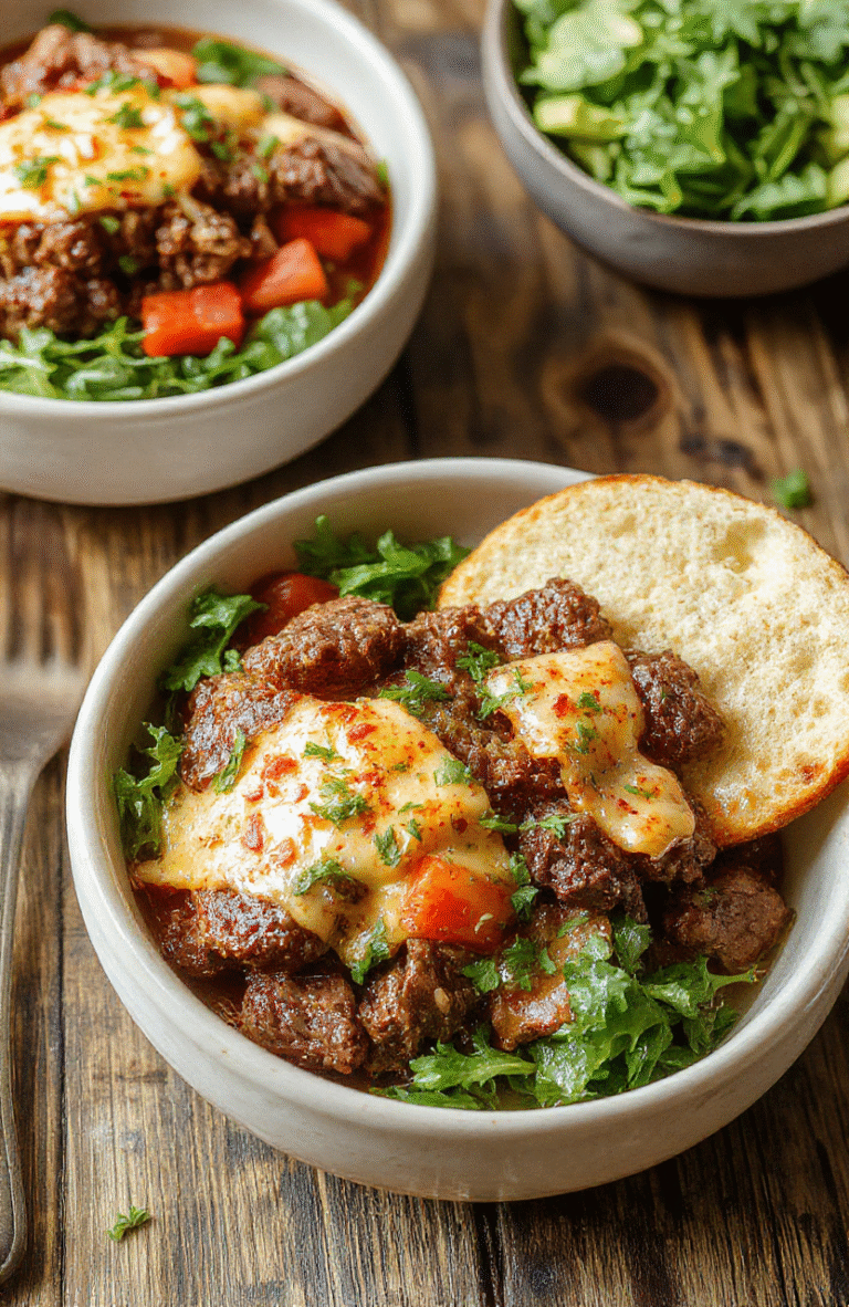 Colorful low-carb cheesesteak bowls arranged on a rustic wooden table, featuring slices of sautéed beef, melted cheese, vibrant bell peppers, and fresh greens, styled simply with a focus on textures and rich flavors.