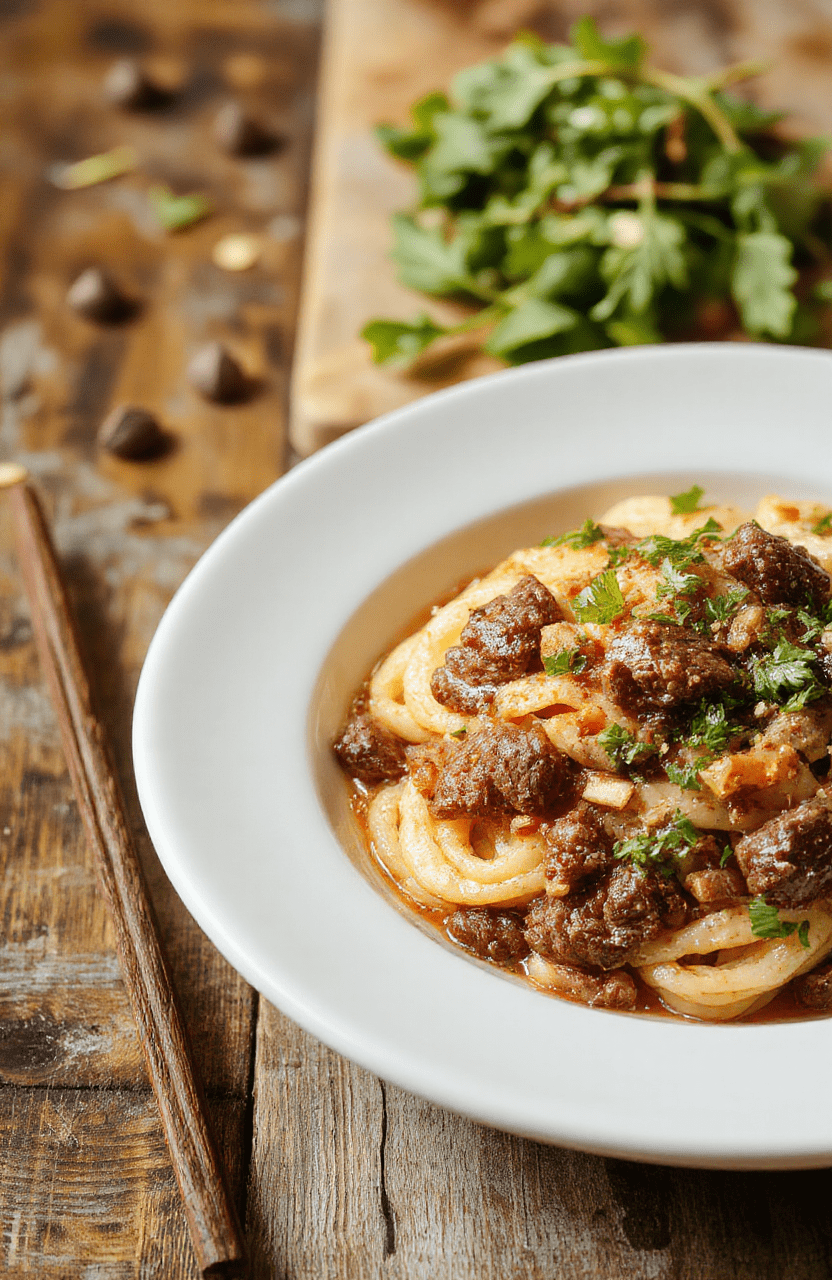 A vibrant bowl of Mongolian ground beef noodles featuring tender ground beef in a glossy, savory sauce, nestled among green onions and sesame seeds on top, with steaming noodles laid out neatly, colorful vegetables surrounding the dish, styled simply on a rustic wooden table.