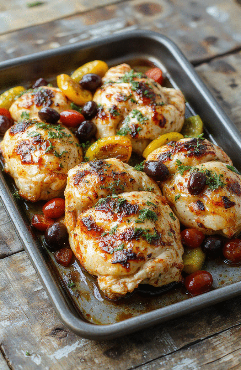 Colorful Greek-inspired sheet pan chicken dinner with golden roasted chicken, vibrant bell peppers, cherry tomatoes, and kalamata olives, garnished with fresh herbs, on a rustic wooden surface.
