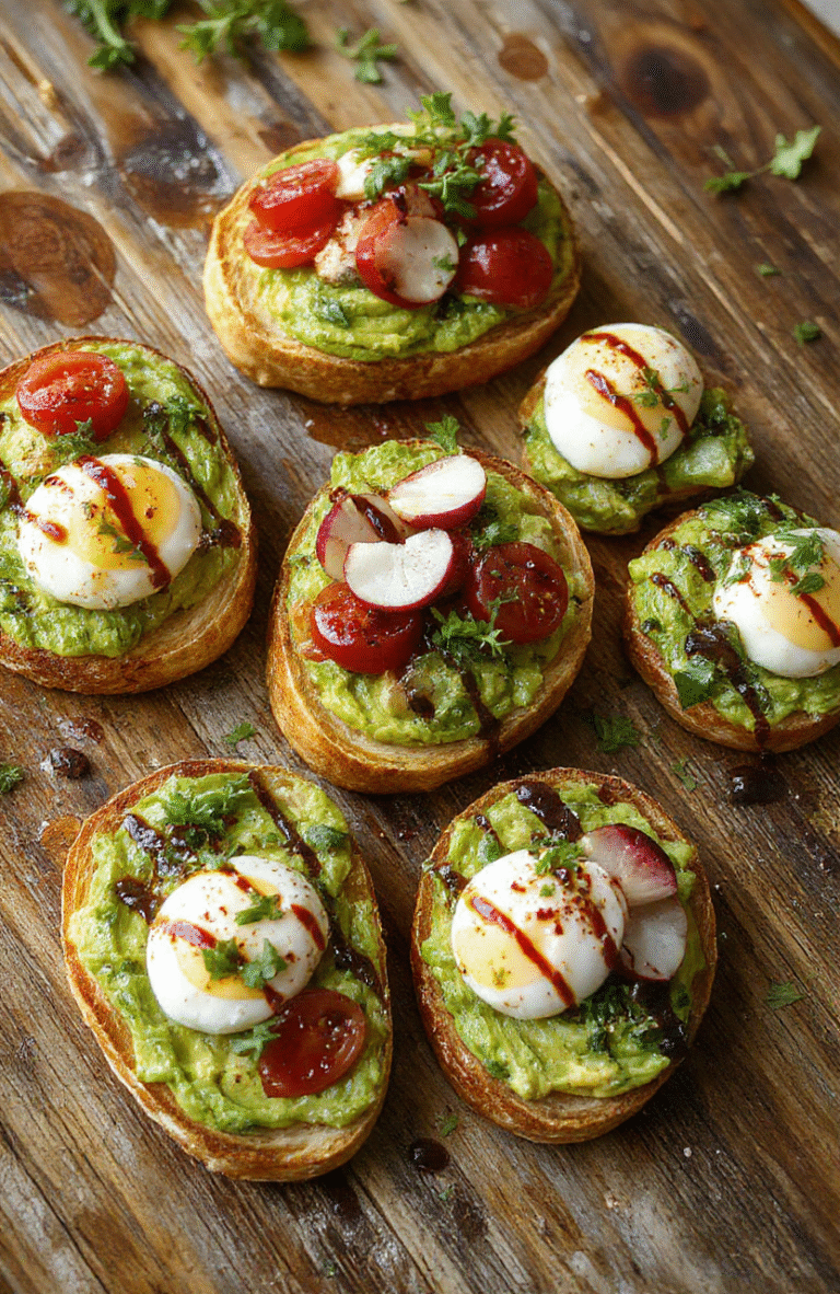 A vibrant plate featuring six different avocado toast varieties, topped with diverse ingredients such as cherry tomatoes, poached eggs, radishes, microgreens, and drizzled with balsamic glaze. The colorful slices are arranged on a rustic wooden table with natural lighting, showcasing textures from creamy avocado to crunchy bread and fresh toppings.