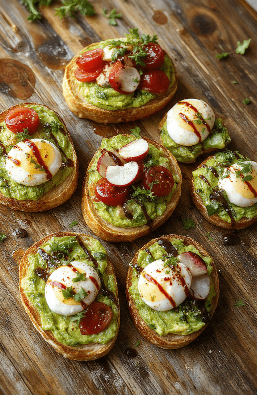 A vibrant plate featuring six different avocado toast varieties, topped with diverse ingredients such as cherry tomatoes, poached eggs, radishes, microgreens, and drizzled with balsamic glaze. The colorful slices are arranged on a rustic wooden table with natural lighting, showcasing textures from creamy avocado to crunchy bread and fresh toppings.