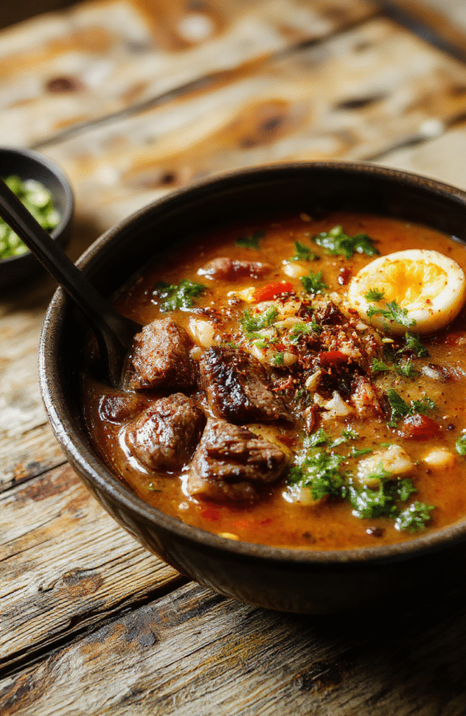 A warm bowl of beef ramen featuring tender beef slices, soft boiled eggs, vibrant green scallions, and sliced mushrooms on a rustic wooden table, topped with a sprinkle of sesame seeds, steam rising, with chopsticks resting beside the bowl, vibrant colors and inviting textures.