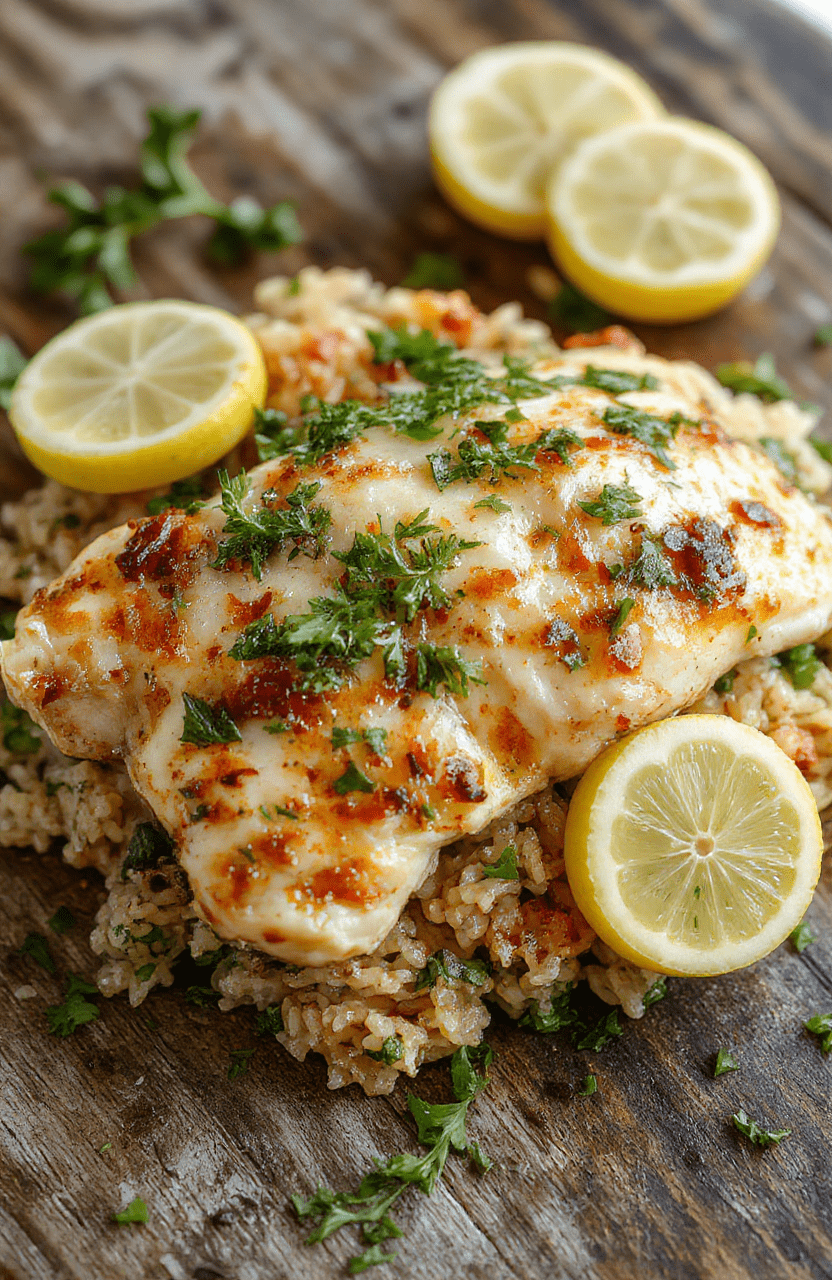 A beautifully arranged plate of lemon herb chicken atop fluffy rice, garnished with fresh herbs and lemon slices, served on a rustic wooden table with vibrant colors and textured ingredients highlighting the tender chicken and aromatic herbs.