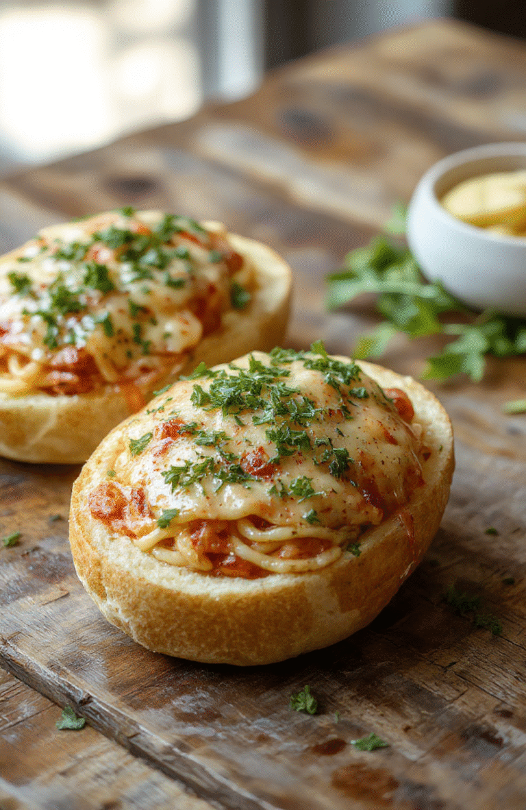 A vibrant plate featuring golden garlic bread bowls filled with steaming spaghetti, topped with melted cheese and fresh herbs. The bread has a crispy crust and soft interior, contrasting with the glossy pasta and bright red marinara sauce, styled on a rustic wooden table with a sprinkle of herbs and a side of greenery.