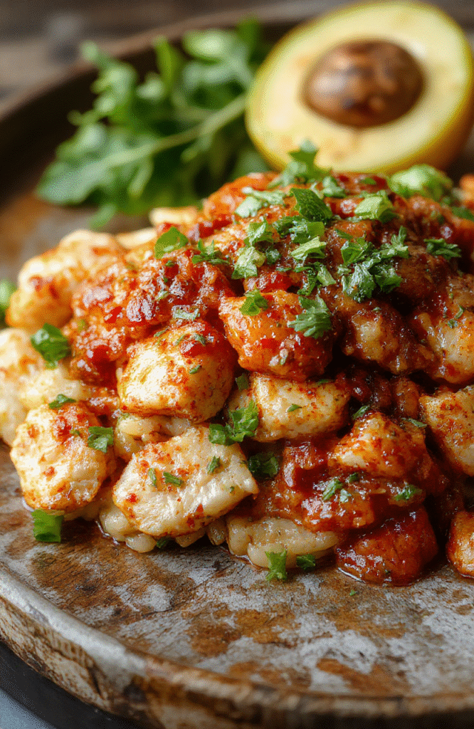 Bright and colorful Cajun chicken over tender orzo with red bell peppers, green herbs, and a sprinkle of spices, plated on a rustic wooden surface, highlighting textures and vibrant colors.