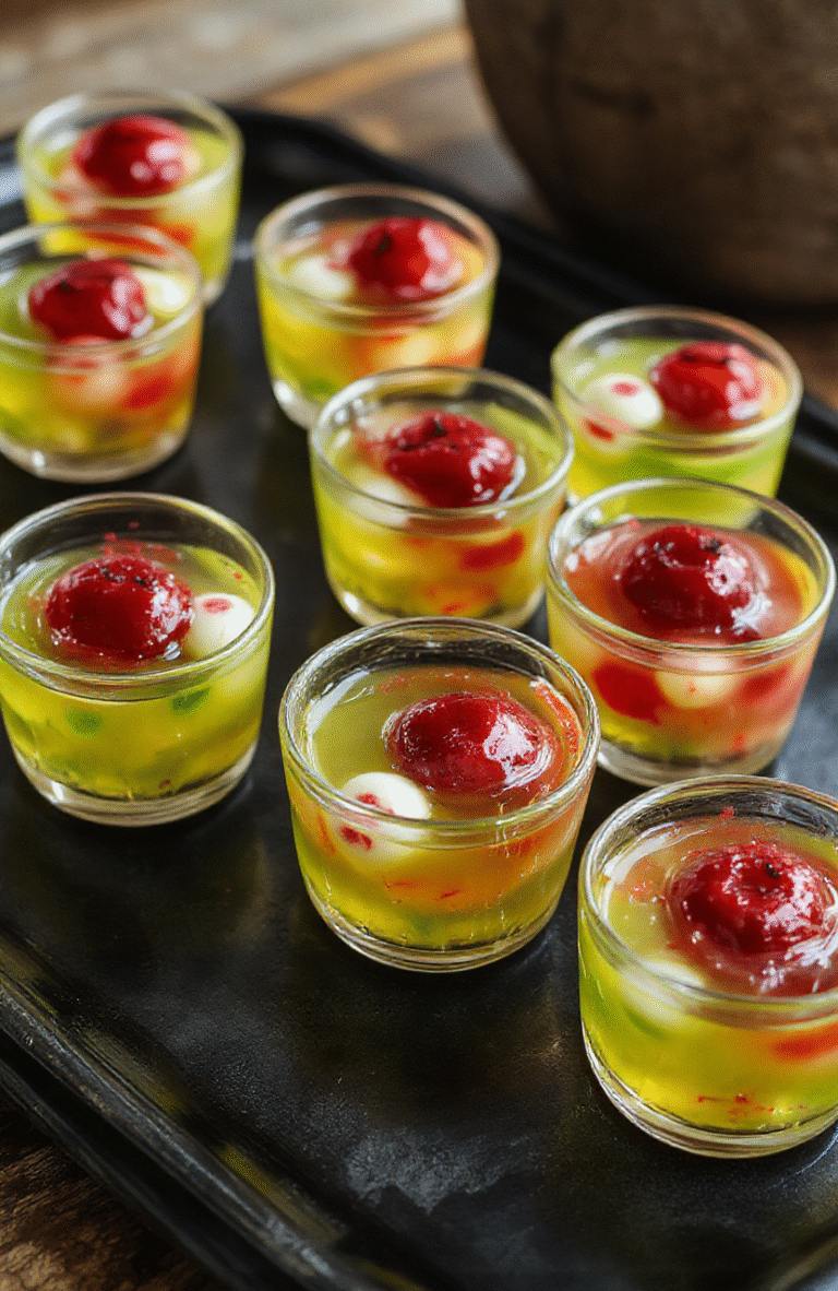 Colorful spooky eyeball gelatin shots arranged on a dark platter, showcasing clear jelly with floating red cherry 'pupils', topped with edible fake eyeballs with veiny details; the shot glasses are neatly aligned, vibrant and playful, perfect for a Halloween party.