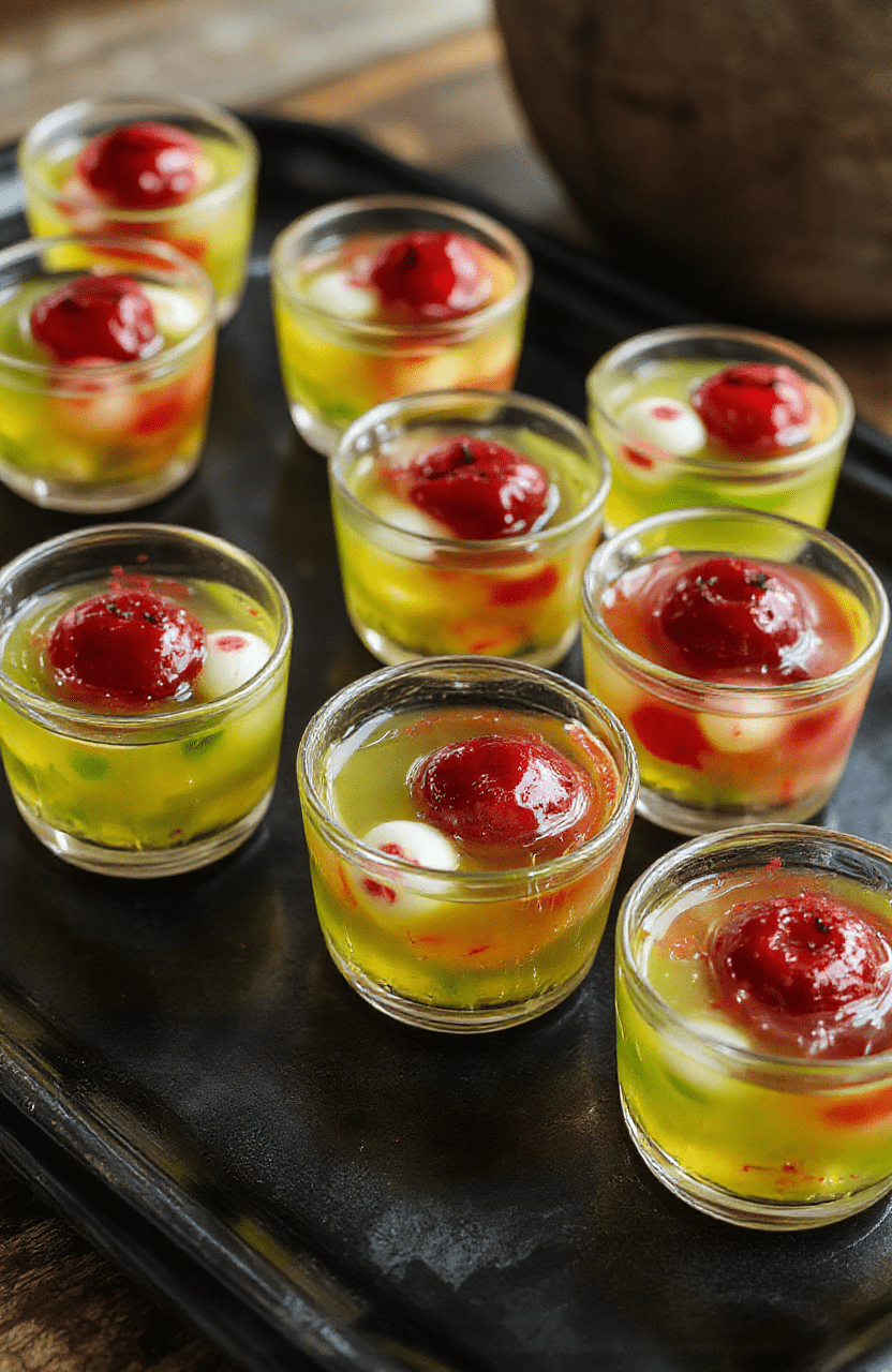 Colorful spooky eyeball gelatin shots arranged on a dark platter, showcasing clear jelly with floating red cherry 'pupils', topped with edible fake eyeballs with veiny details; the shot glasses are neatly aligned, vibrant and playful, perfect for a Halloween party.