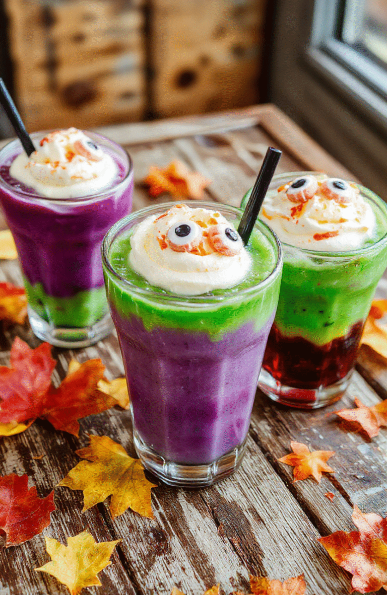 Colorful spooky Halloween-themed drink glasses with vibrant orange, green, and purple liquids topped with spooky decorations, orange and purple straws, and themed garnishes, styled on a dark wooden table with fall leaf accents and soft lighting, emphasizing fun and festive presentation.
