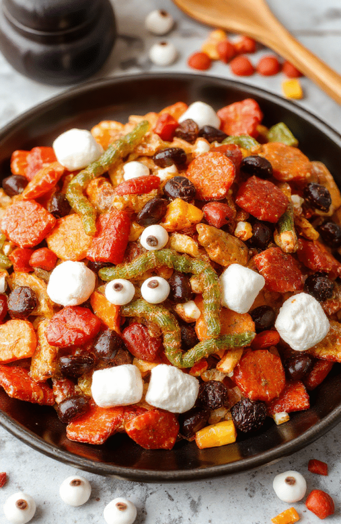A colorful Halloween-themed trail mix arranged on a dark plate with bright red, black, and orange candies, creepy gummy worms, and toasted nuts, with ghostly marshmallows and edible eyes, styled with spooky Halloween props, vibrant and enticing.