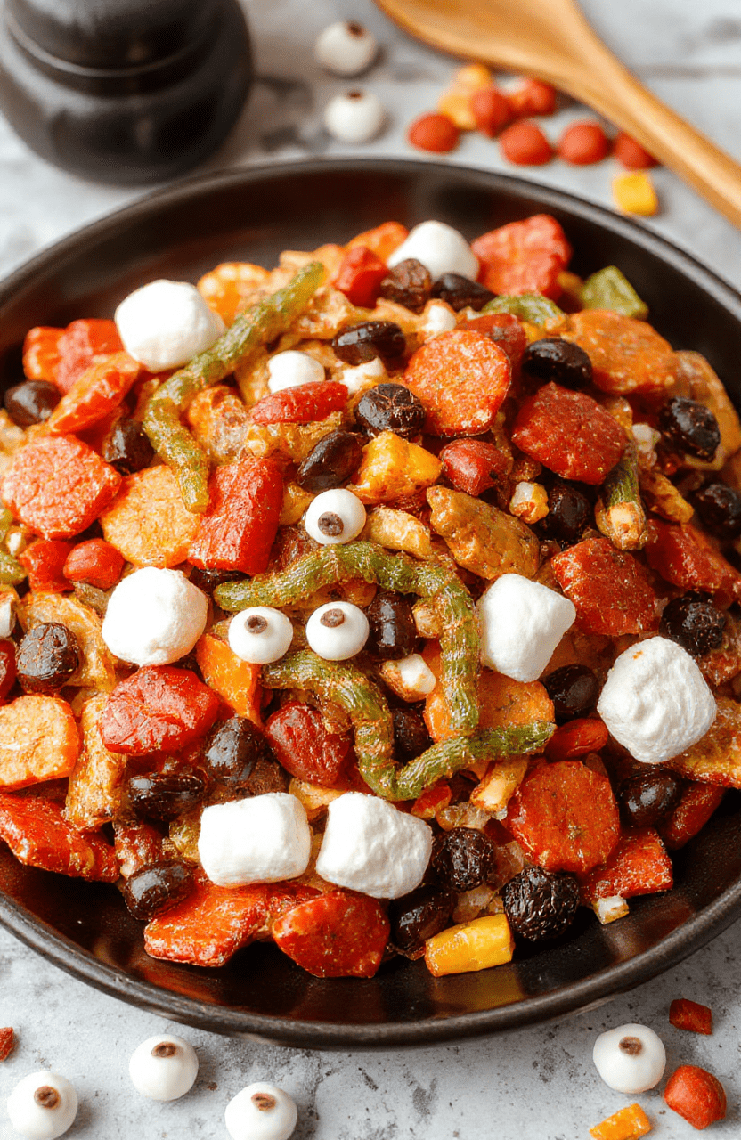 A colorful Halloween-themed trail mix arranged on a dark plate with bright red, black, and orange candies, creepy gummy worms, and toasted nuts, with ghostly marshmallows and edible eyes, styled with spooky Halloween props, vibrant and enticing.