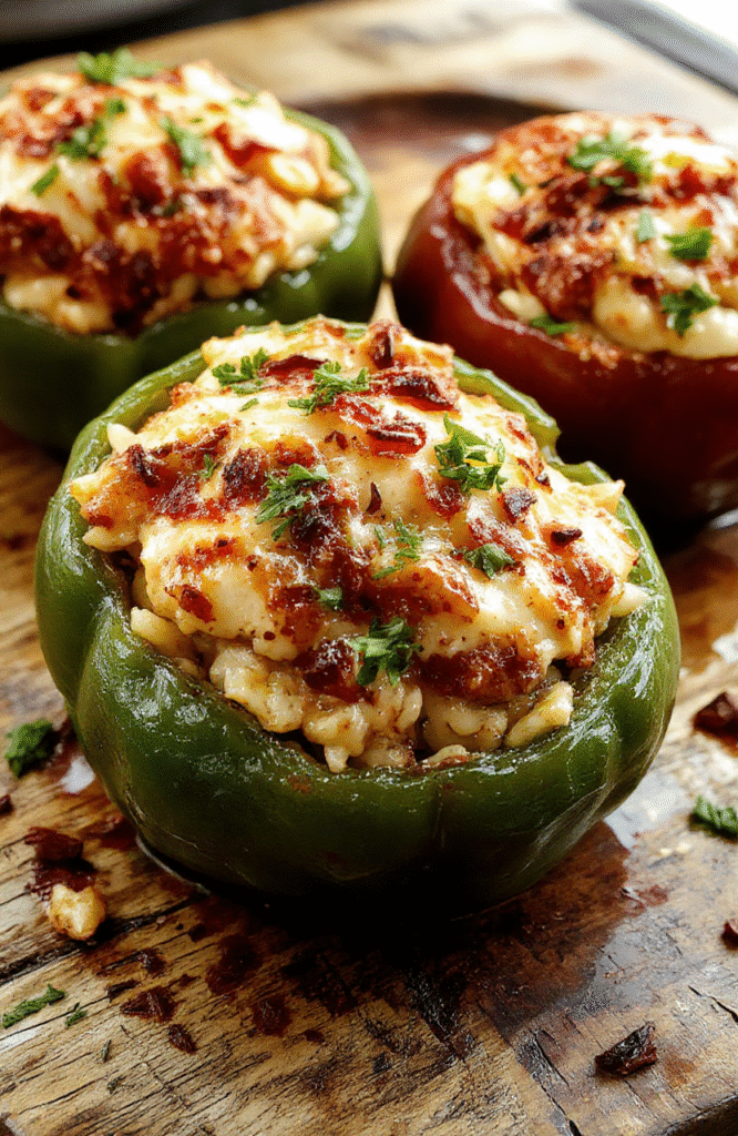 Colorful bell peppers filled with shredded chicken and rice, topped with melted cheese, arranged on a rustic wooden platter with fresh herbs, vibrant colors, creamy textures, inviting presentation, perfect for Halloween dinner.