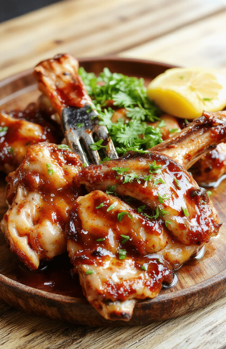 A close-up of golden-brown boneless pork chops glazed with sticky honey garlic sauce, garnished with fresh herbs on a rustic wooden plate, with a glossy sheen showcasing the sticky texture, surrounded by sliced garlic and honey drizzles.