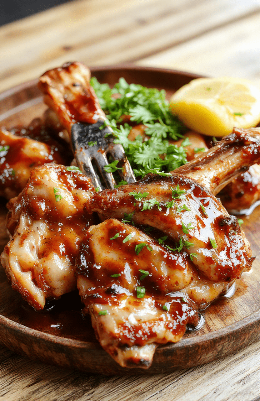 A close-up of golden-brown boneless pork chops glazed with sticky honey garlic sauce, garnished with fresh herbs on a rustic wooden plate, with a glossy sheen showcasing the sticky texture, surrounded by sliced garlic and honey drizzles.