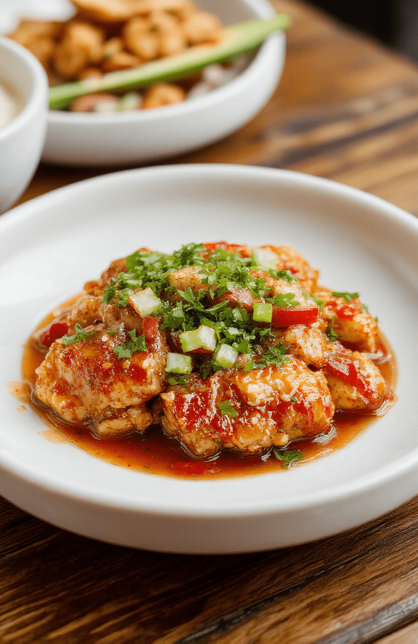 A vibrant plate of glazed Sweet Chili Chicken garnished with chopped green onions, served on a modern white dish with a glossy sauce, surrounded by fresh cilantro and slices of red chili, with a backdrop of a rustic wooden table and colorful vegetables