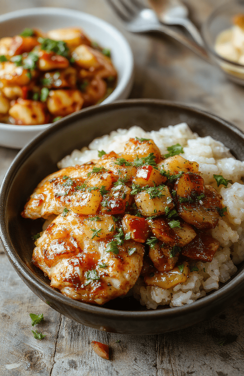 Colorful plate featuring golden grilled chicken topped with juicy pineapple chunks, served next to fluffy rice with green herbs, styled on a neutral ceramic plate with fresh pineapple slices and a sprig of cilantro on a rustic wooden table.