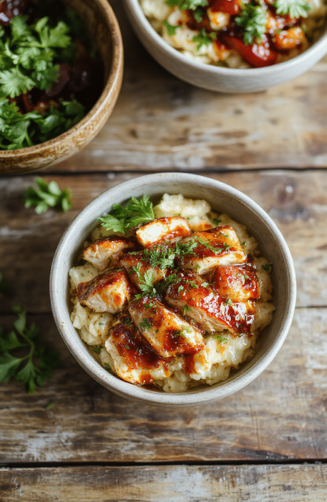A colorful bowl featuring grilled honey chipotle glazed chicken pieces atop fluffy white rice, garnished with fresh cilantro, sliced jalapenos, and drizzled with honey and smoky chipotle sauce, vibrant red and green peppers add a pop of color, and the dish is styled with a rustic wooden background for a homely feel.
