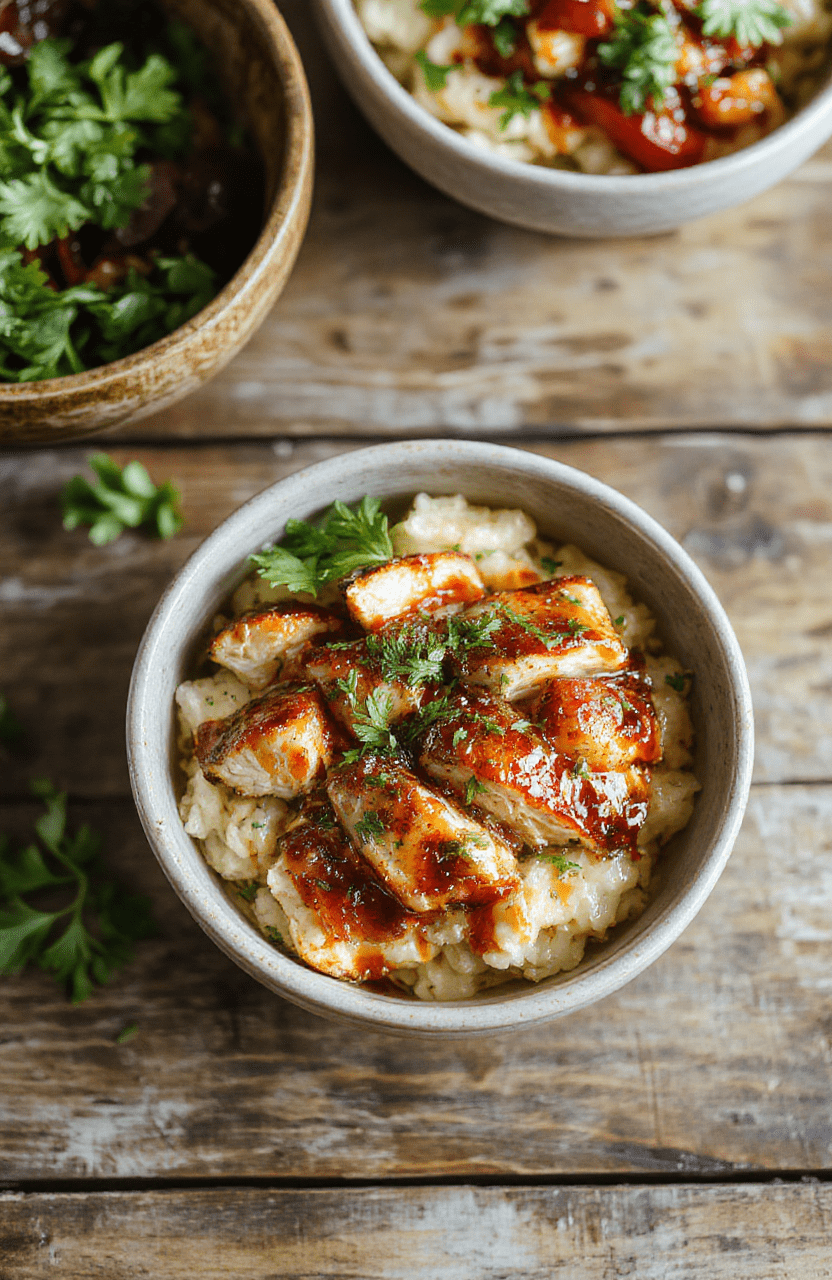 A colorful bowl featuring grilled honey chipotle glazed chicken pieces atop fluffy white rice, garnished with fresh cilantro, sliced jalapenos, and drizzled with honey and smoky chipotle sauce, vibrant red and green peppers add a pop of color, and the dish is styled with a rustic wooden background for a homely feel.