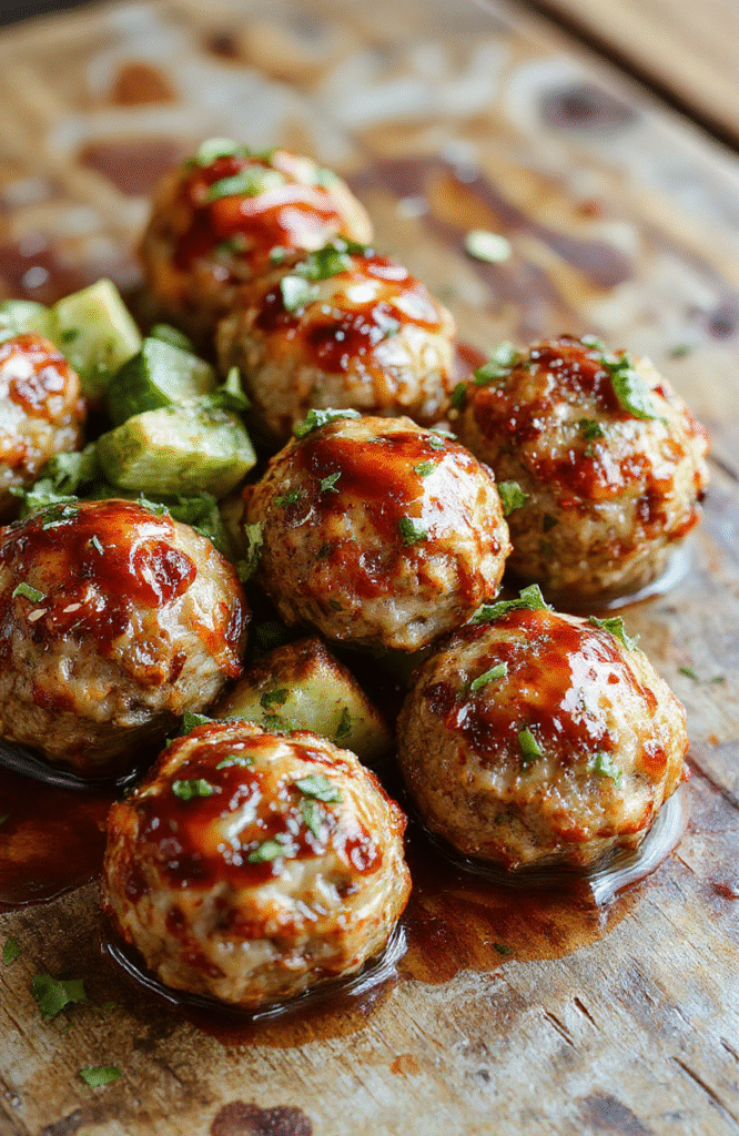 Vibrant plate of sweet and spicy Asian turkey meatballs garnished with fresh herbs, served on a sleek white dish with a glossy sauce, surrounded by colorful vegetables and a sprinkle of sesame seeds, styled on a rustic wooden surface with a soft focus background.