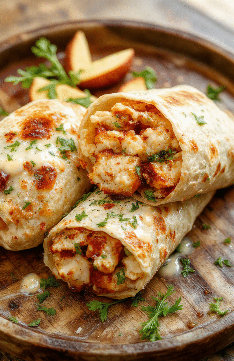 A vibrant chicken caesar wrap sliced open to reveal grilled chicken, crisp romaine lettuce, parmesan cheese, and creamy caesar dressing snugly wrapped in a golden tortilla, garnished with a sprinkle of herbs on a rustic wooden plate.