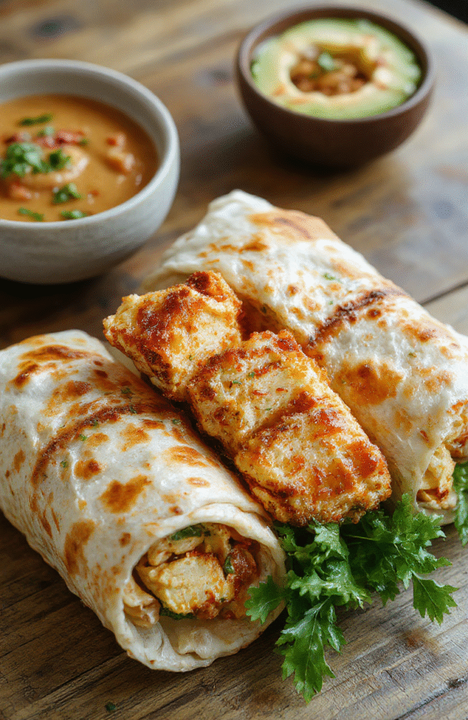 Colorful Thai peanut chicken wraps arranged on a white plate, showcasing shredded chicken, crunchy vegetables, and rich peanut sauce with fresh herbs, styled simply with a clean background, emphasizing textures and vibrant colors.