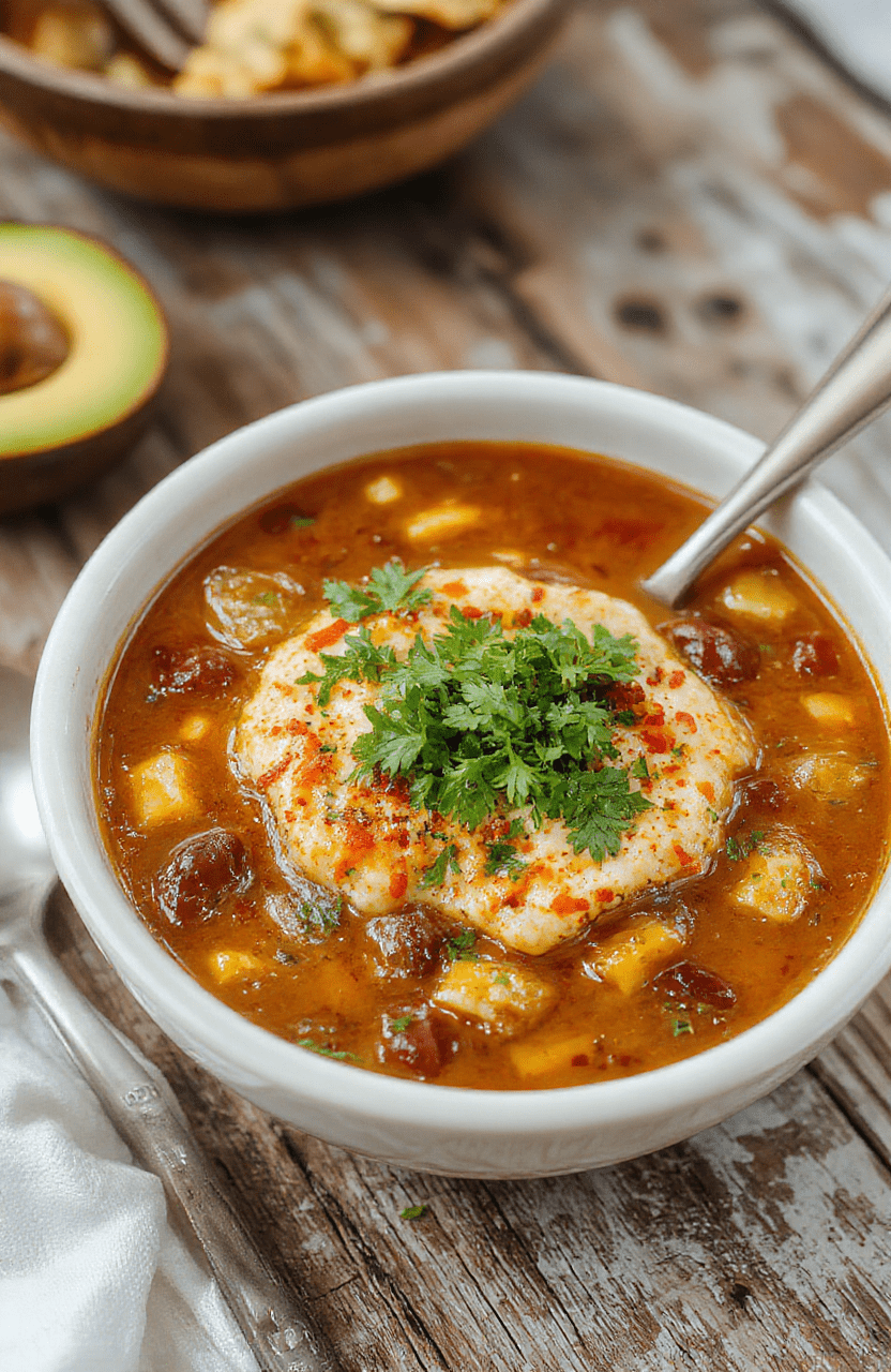 Colorful bowl of taco soup featuring ground beef, beans, corn, and diced tomatoes garnished with shredded cheese, fresh cilantro, and a lime wedge, styled simply on a rustic wooden table.