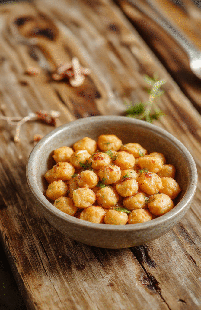 A vibrant plate of golden brown chickpeas garnished with fresh herbs on a rustic wooden surface, showcasing crispy textures and colorful ingredients.