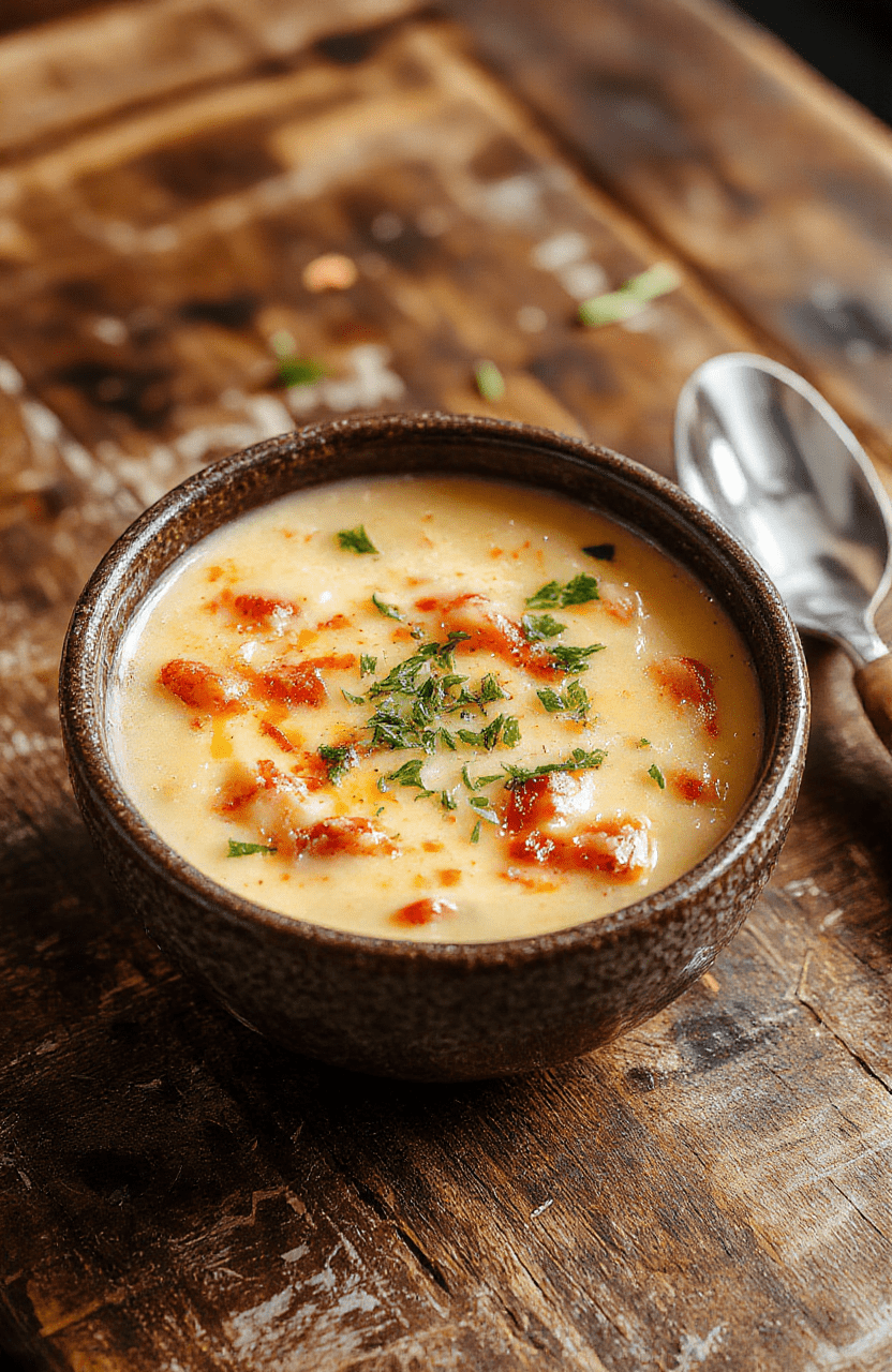 A bowl of creamy cheeseburger soup topped with shredded cheddar cheese, crispy bacon bits, and chopped scallions, served on a rustic wooden table with a spoon for scooping, vibrant colors highlighting the cheesy texture and fresh garnishes, styled simply to evoke a warm, inviting meal.