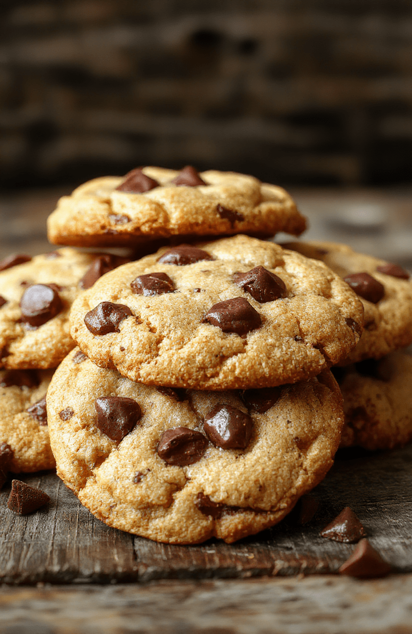 A batch of freshly baked chewy chocolate chip cookies on a rustic wooden surface, with melted chocolate chunks and a crispy golden exterior, styled with a few broken cookies to showcase their gooey centers.