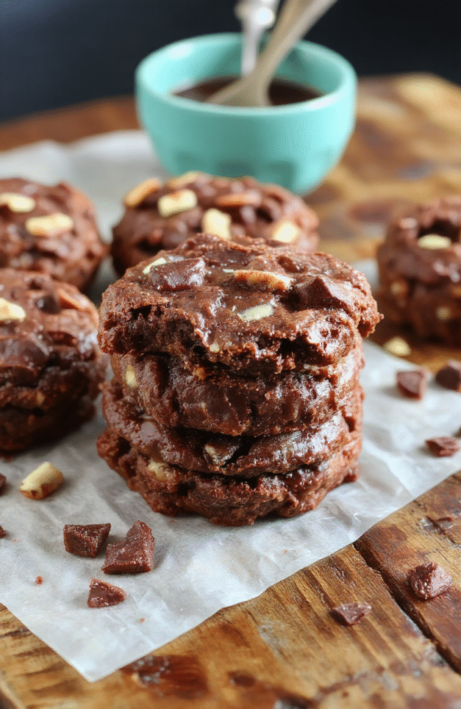 A close-up shot of a beautifully sliced brookies revealing swirling layers of rich chocolate brownie and chewy cookie, set on a rustic wooden surface with a sprinkling of chocolate chips and a slightly cracked top for texture, styled casually with natural daylight highlighting the textures and deep chocolate tones.