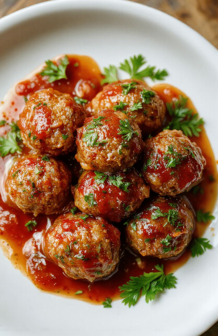 A close-up of golden-brown Italian meatballs with a glossy sheen, served on a rustic white plate, garnished with fresh parsley and drizzled with marinara sauce, surrounded by a bowl of spaghetti and a side of crusty bread, vibrant red and green hues create a warm, inviting scene.