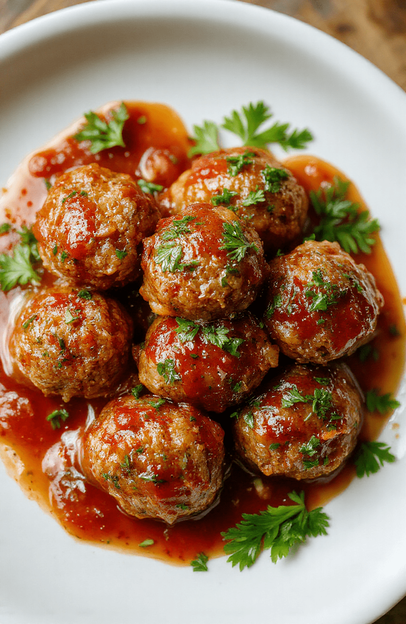 A close-up of golden-brown Italian meatballs with a glossy sheen, served on a rustic white plate, garnished with fresh parsley and drizzled with marinara sauce, surrounded by a bowl of spaghetti and a side of crusty bread, vibrant red and green hues create a warm, inviting scene.