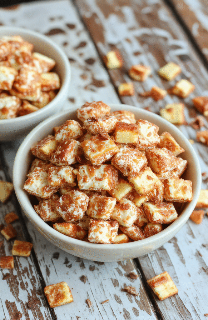 A vibrant bowl of caramel apple puppy chow with colorful coated cereal pieces, drizzled caramel, and sprinkled cinnamon, styled on a rustic wooden surface with autumn leaves in the background, showing a close-up of the textured, glossy treats with a cozy, festive feel.