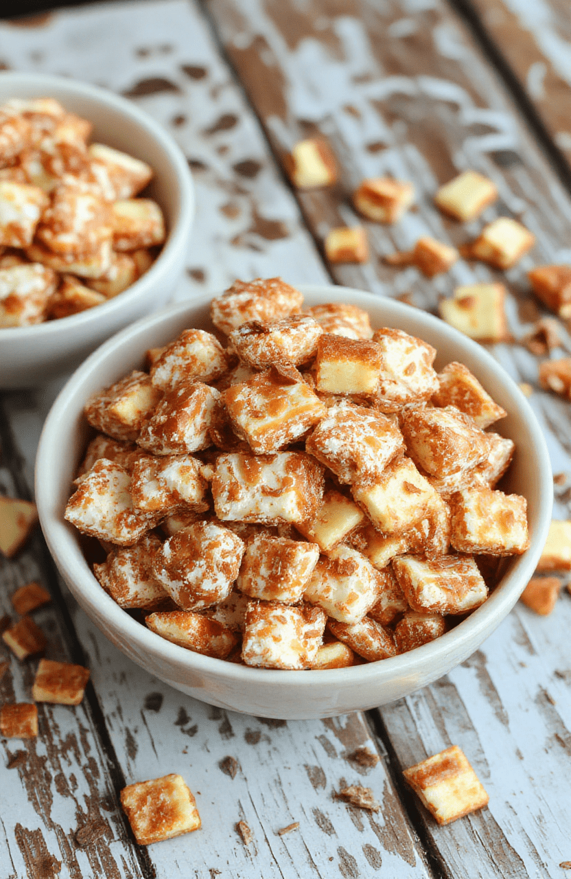 A vibrant bowl of caramel apple puppy chow with colorful coated cereal pieces, drizzled caramel, and sprinkled cinnamon, styled on a rustic wooden surface with autumn leaves in the background, showing a close-up of the textured, glossy treats with a cozy, festive feel.