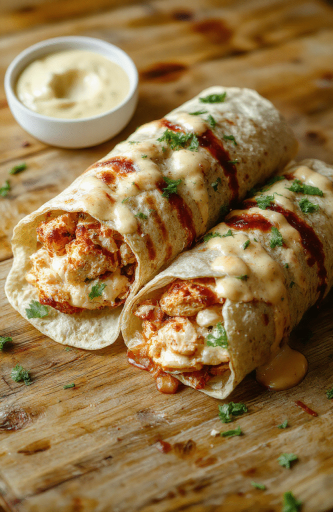 A vibrant plate featuring golden-brown chicken wraps generously drizzled with melty cheese, garnished with fresh herbs, on a rustic wooden table, with colorful vegetables and dipping sauces in the background, textures of crispy tortilla and tender chicken visible, styled casually for a appetizing look.