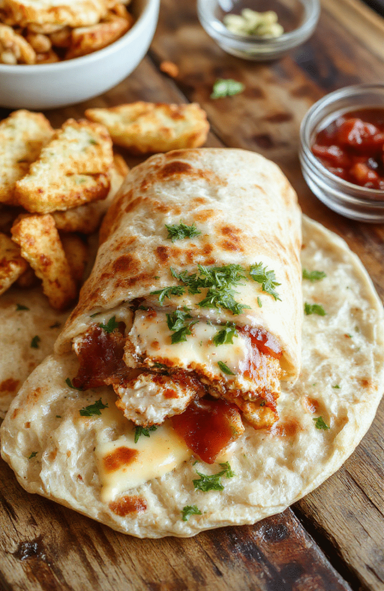 A vibrant plate featuring a crispy chicken bacon ranch wrap sliced in half, revealing layers of grilled chicken, crispy bacon, fresh lettuce, and creamy ranch sauce. The wrap is beautifully plated on a rustic wooden table with a side of colorful veggie sticks, styled with a drizzle of ranch and a sprinkle of herbs, capturing a fresh and appetizing look.