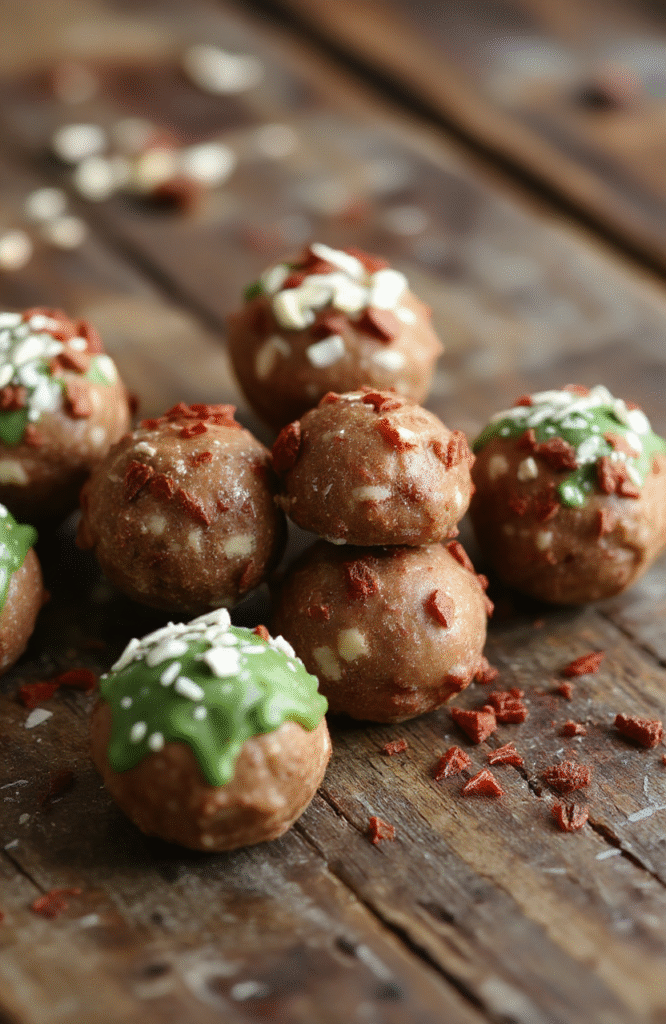 Colorful Christmas tree-shaped cake truffles decorated with green icing and holiday sprinkles on a rustic wooden surface, showcasing a variety of textures from smooth icing to crunchy toppings, with some truffles arranged in a mini tree formation, styled with festive accents and vibrant red and green colors.