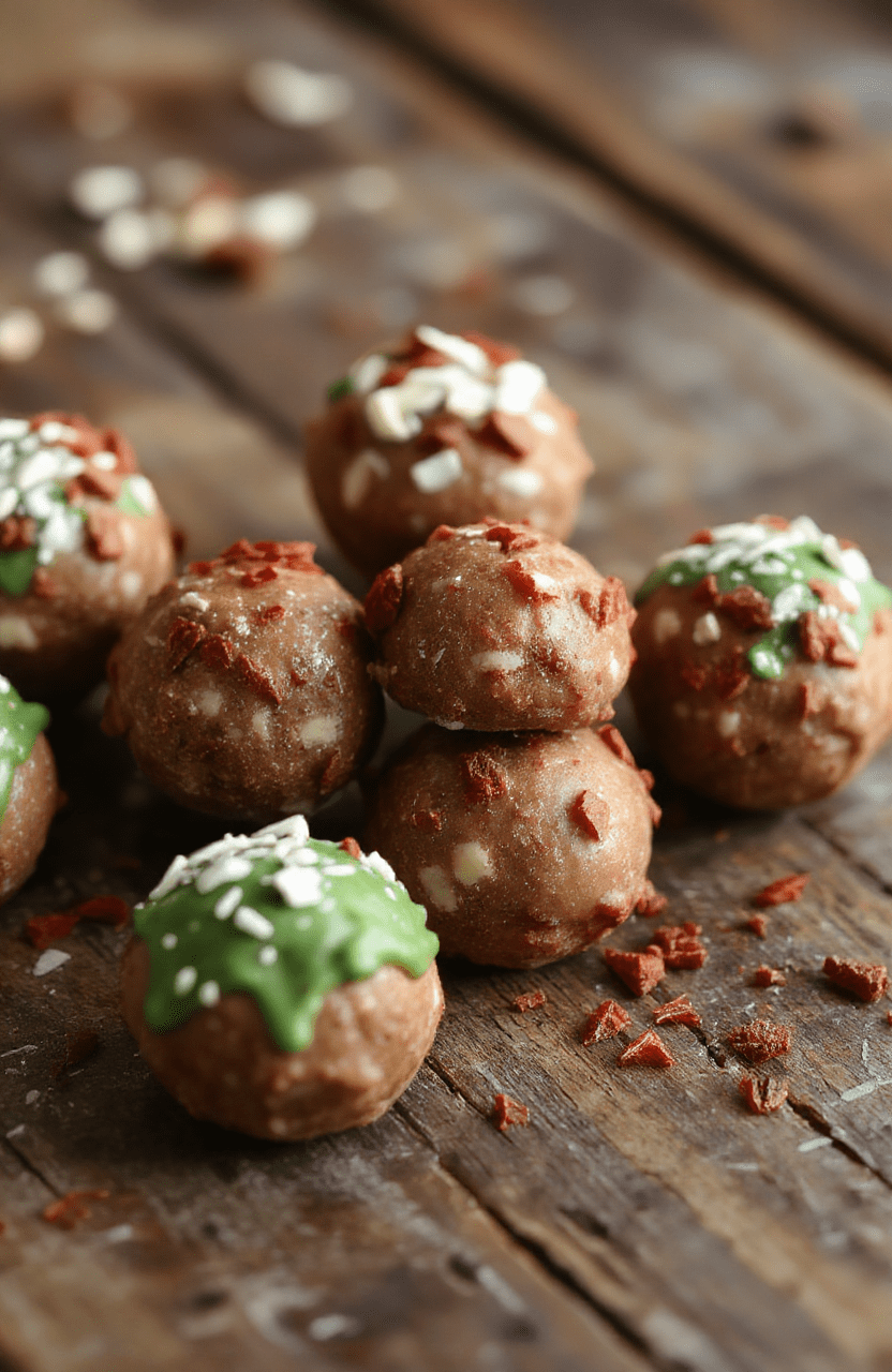 Colorful Christmas tree-shaped cake truffles decorated with green icing and holiday sprinkles on a rustic wooden surface, showcasing a variety of textures from smooth icing to crunchy toppings, with some truffles arranged in a mini tree formation, styled with festive accents and vibrant red and green colors.