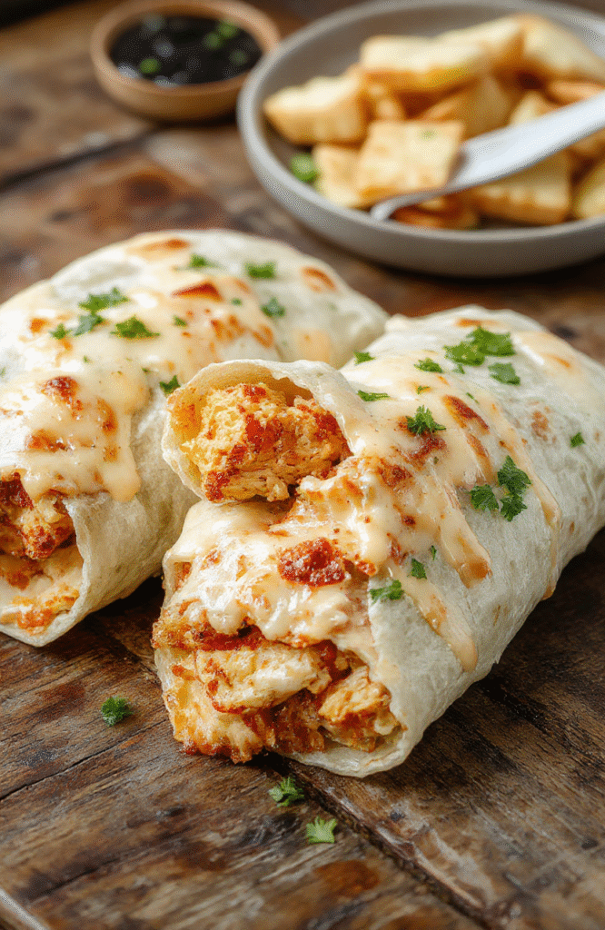 A vibrant plate of cheesy chicken wraps with golden browning, filled with melted cheese, fresh vegetables like lettuce and tomatoes, all wrapped in a soft tortilla, styled on a rustic wooden table with a side of dipping sauce and fresh herbs.