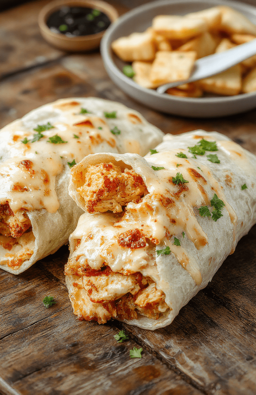 A vibrant plate of cheesy chicken wraps with golden browning, filled with melted cheese, fresh vegetables like lettuce and tomatoes, all wrapped in a soft tortilla, styled on a rustic wooden table with a side of dipping sauce and fresh herbs.