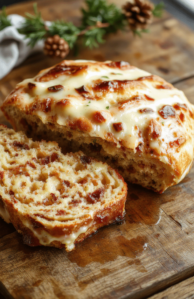 A round, golden-brown bread layered with melted cheese and herbs, topped with colorful Christmas garnishes like red and green peppers, on a rustic wooden table with a festive holiday atmosphere, steam gently rising, crispy edges and gooey cheese visible.