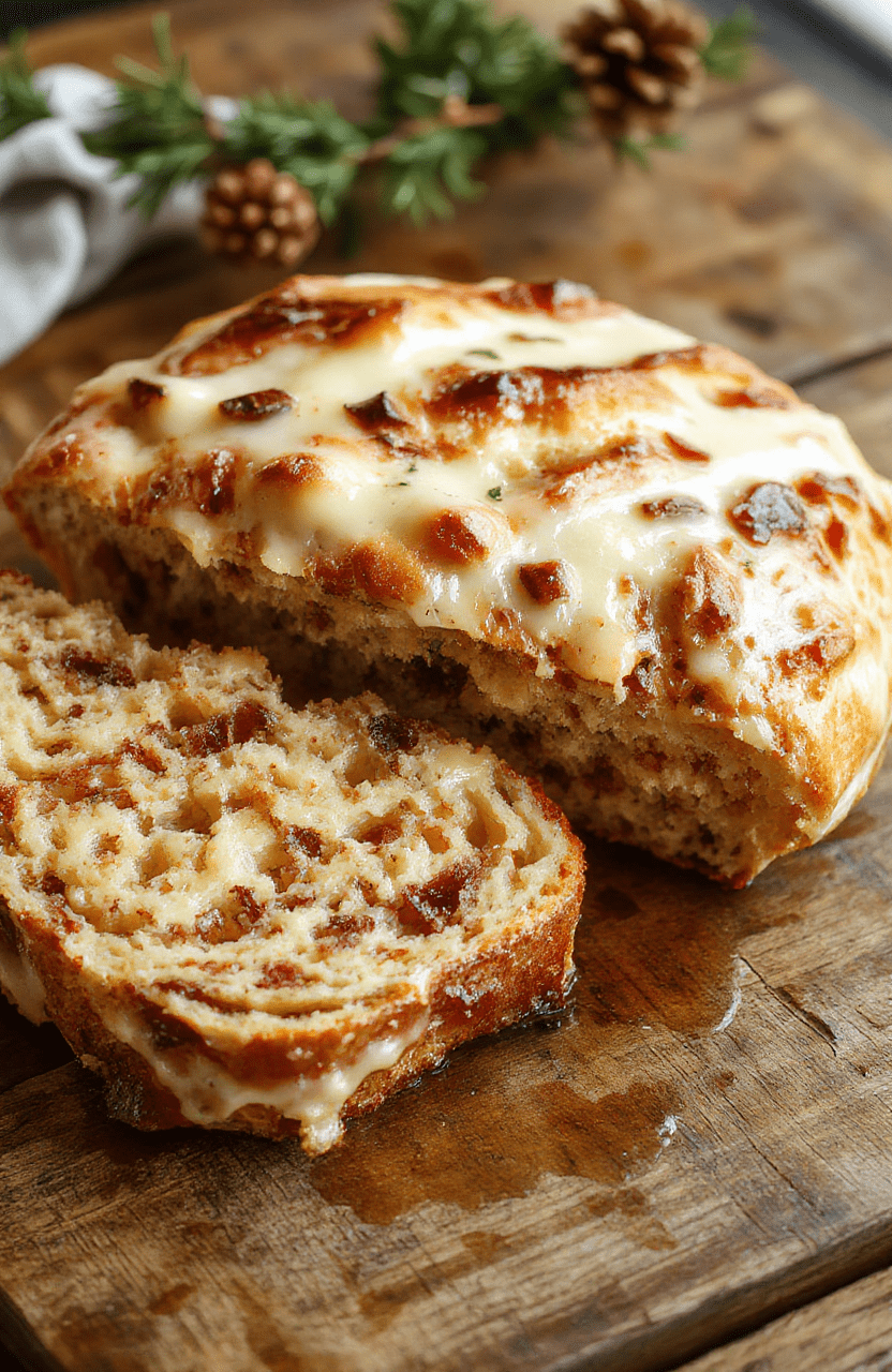 A round, golden-brown bread layered with melted cheese and herbs, topped with colorful Christmas garnishes like red and green peppers, on a rustic wooden table with a festive holiday atmosphere, steam gently rising, crispy edges and gooey cheese visible.