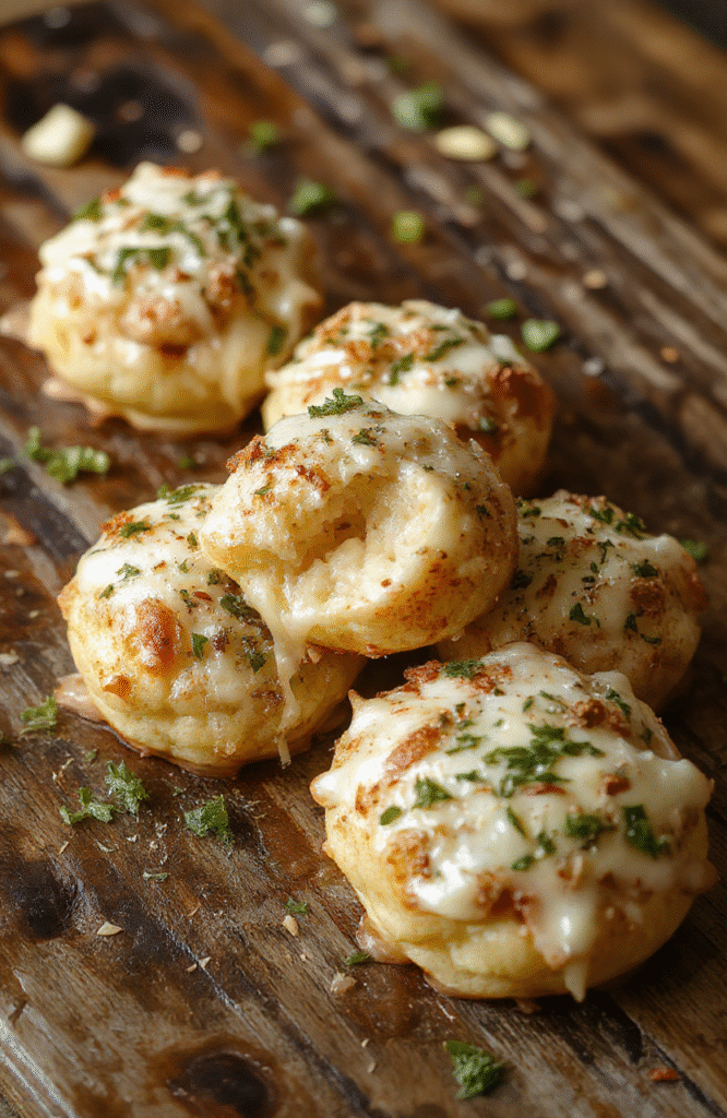 A close-up of golden cheesy garlic parmesan bombs arranged on a rustic wooden platter, showcasing a crispy exterior with melted cheese oozing out, garnished with fresh parsley, styled simply with a neutral background to highlight the savory textures and creamy filling.